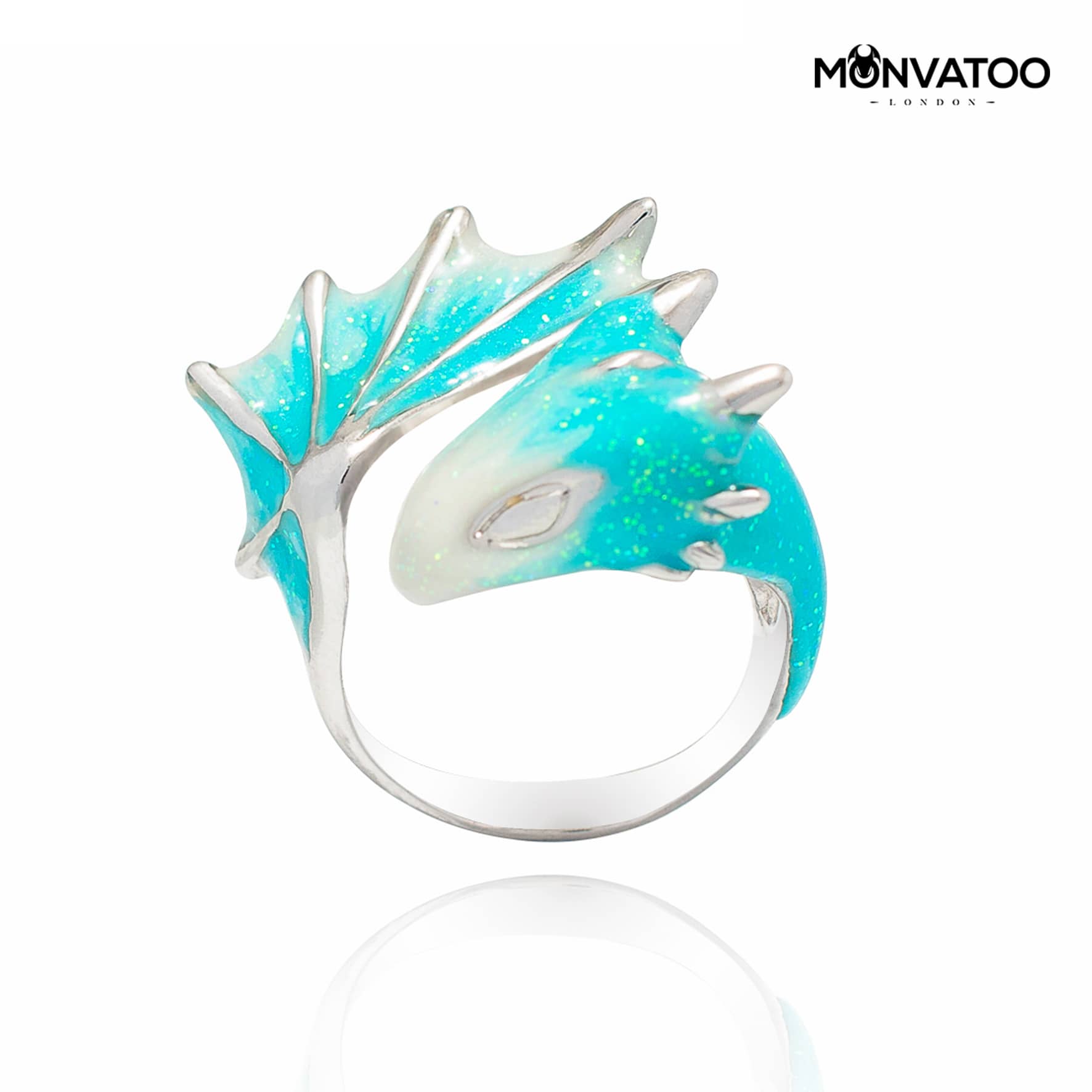 Silver turquoise dragon ring by MONVATOO London in a left side view - Adjustable band -Perfect for fantasy lover