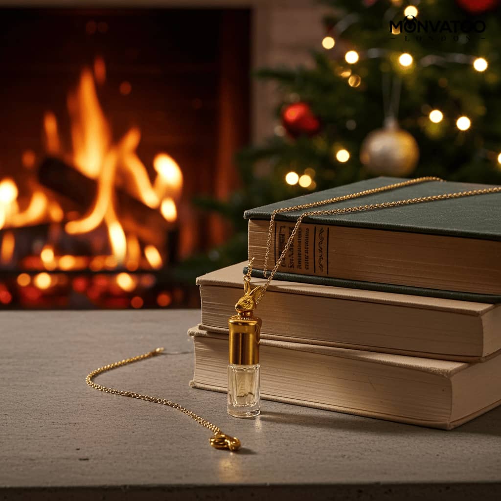 Refillable perfume necklace with floral woody notes for evening ritual