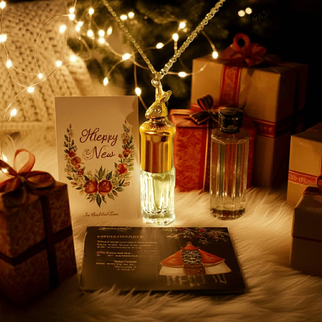 Close-up of floral extrait de parfum bottle glowing under soft light