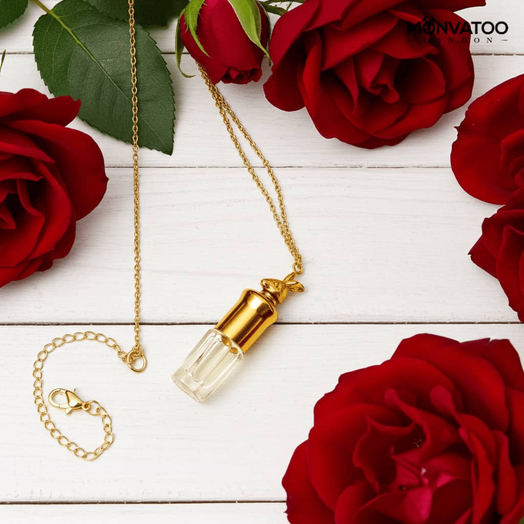 Gold perfume pendant emitting soft, intimate scent