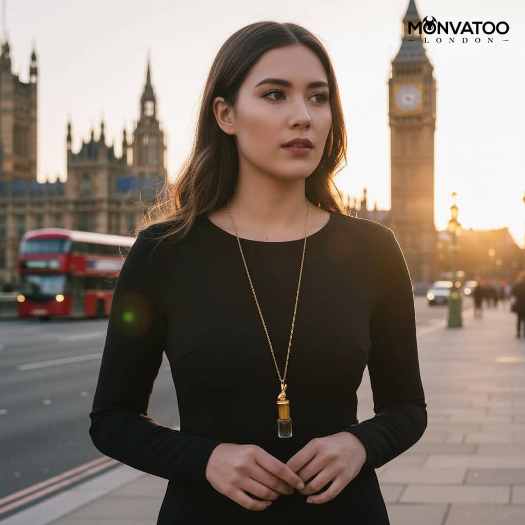 Refillable 3ml perfume vial inside gold pendant for wearable fragrance