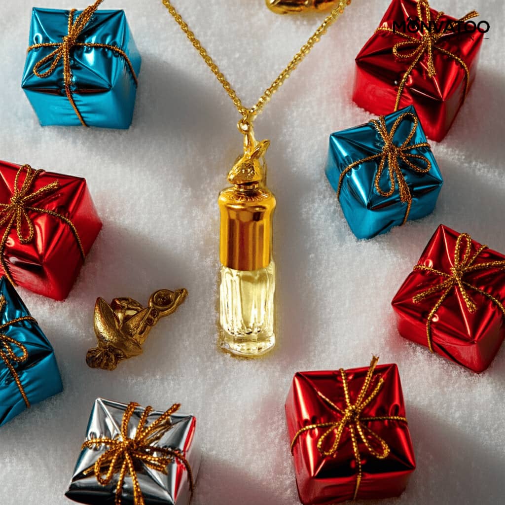 Close up of perfume necklace with rose and sandalwood composition