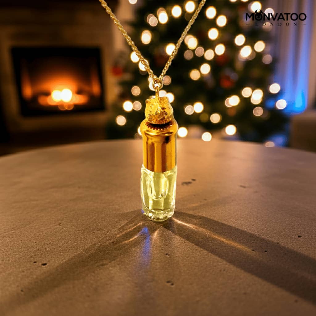 Close-up of luxury perfume pendant with refillable vial