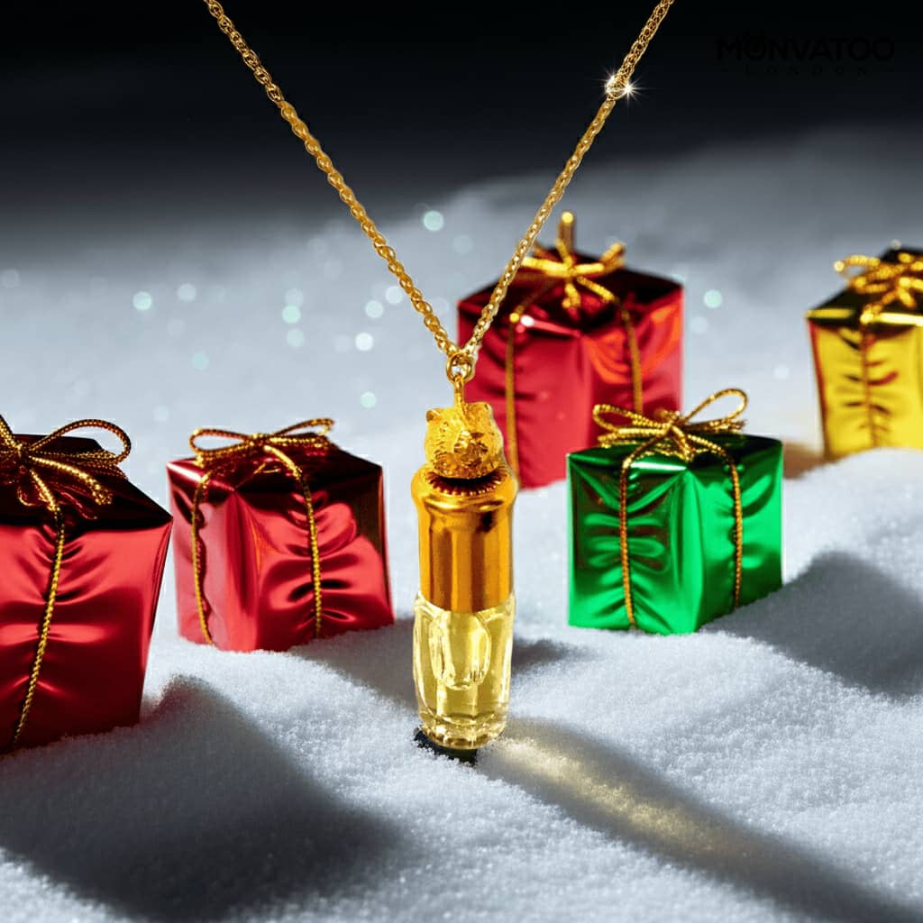 Amber and cedarwood scent vial necklace against frosted background