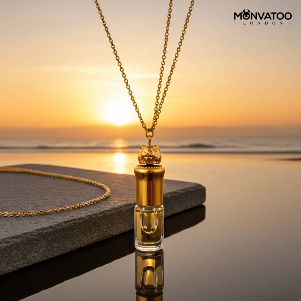 Amber perfume necklace glowing with golden warmth