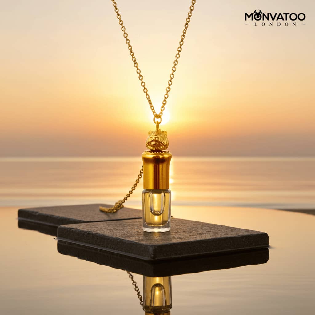 Lord Baldor perfume necklace pendant glowing in soft amber light