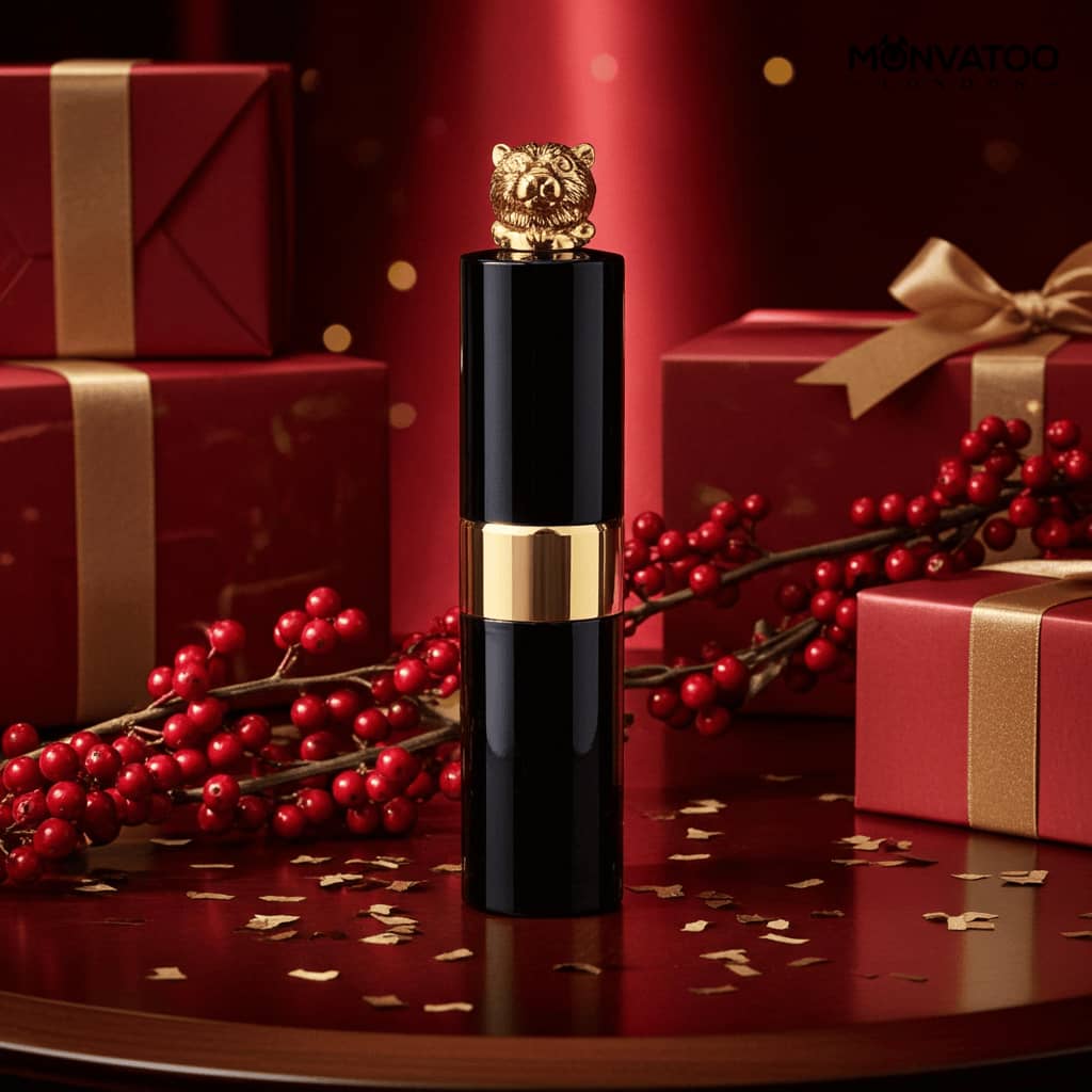 Amber and leather unisex perfume bottle with warm gold tones