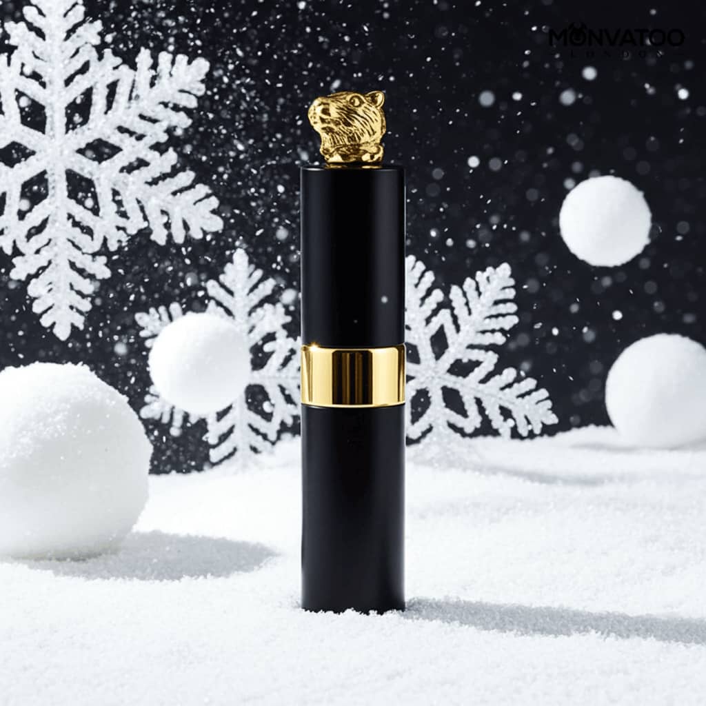 Unisex amber-woody perfume bottle on icy background