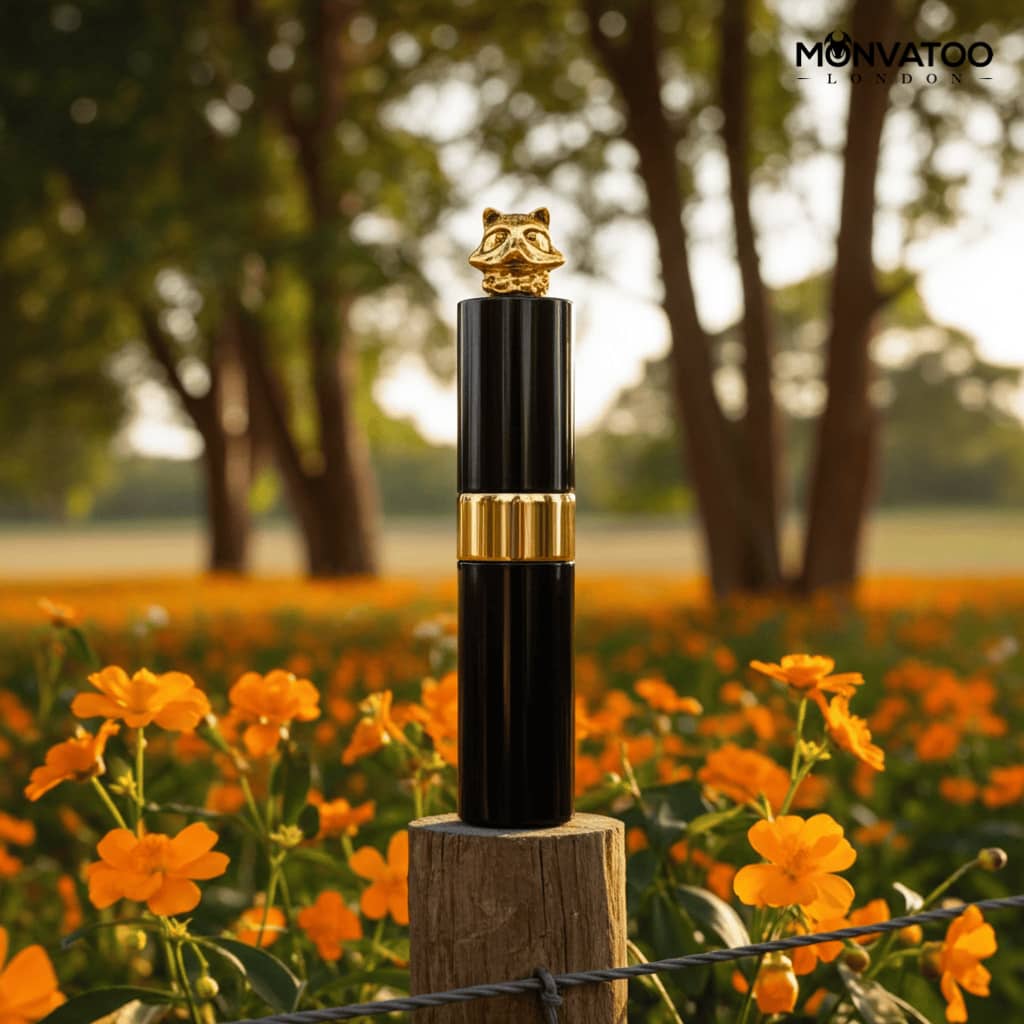 Sensual floral-woody perfume bottle with gold accents