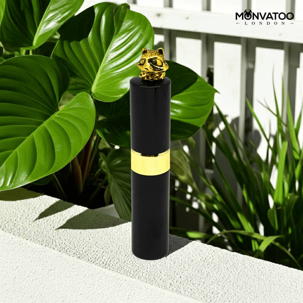 Modern fantasy fragrance bottle with minimalist gold detailing