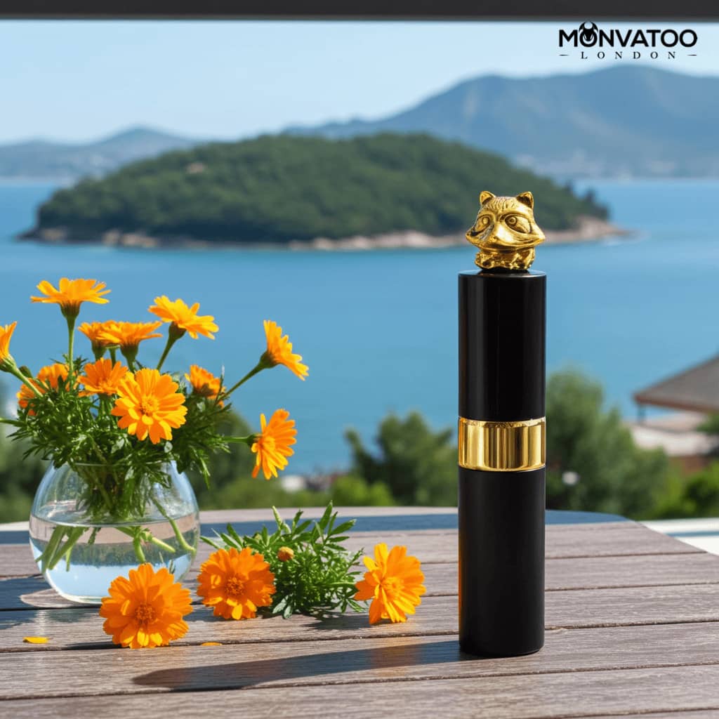Luxury fantasy perfume with ambergris and jasmine notes in elegant gold travel bottle